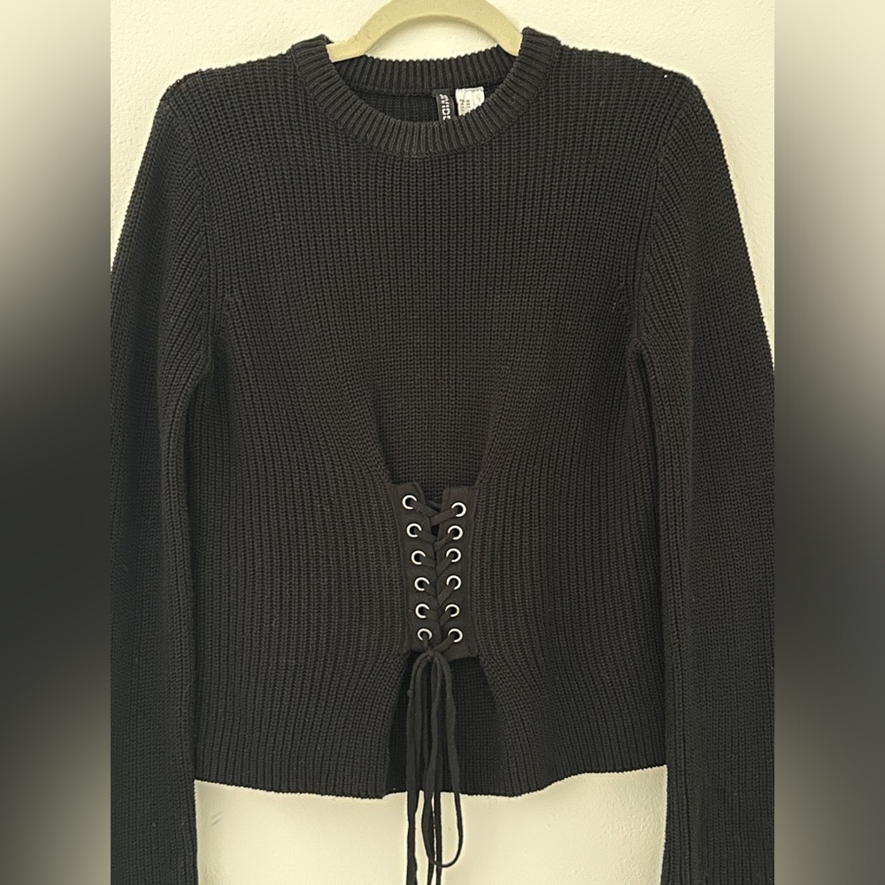 Lace- Up Front Ribbed Sweater - Picture 2 of 6
